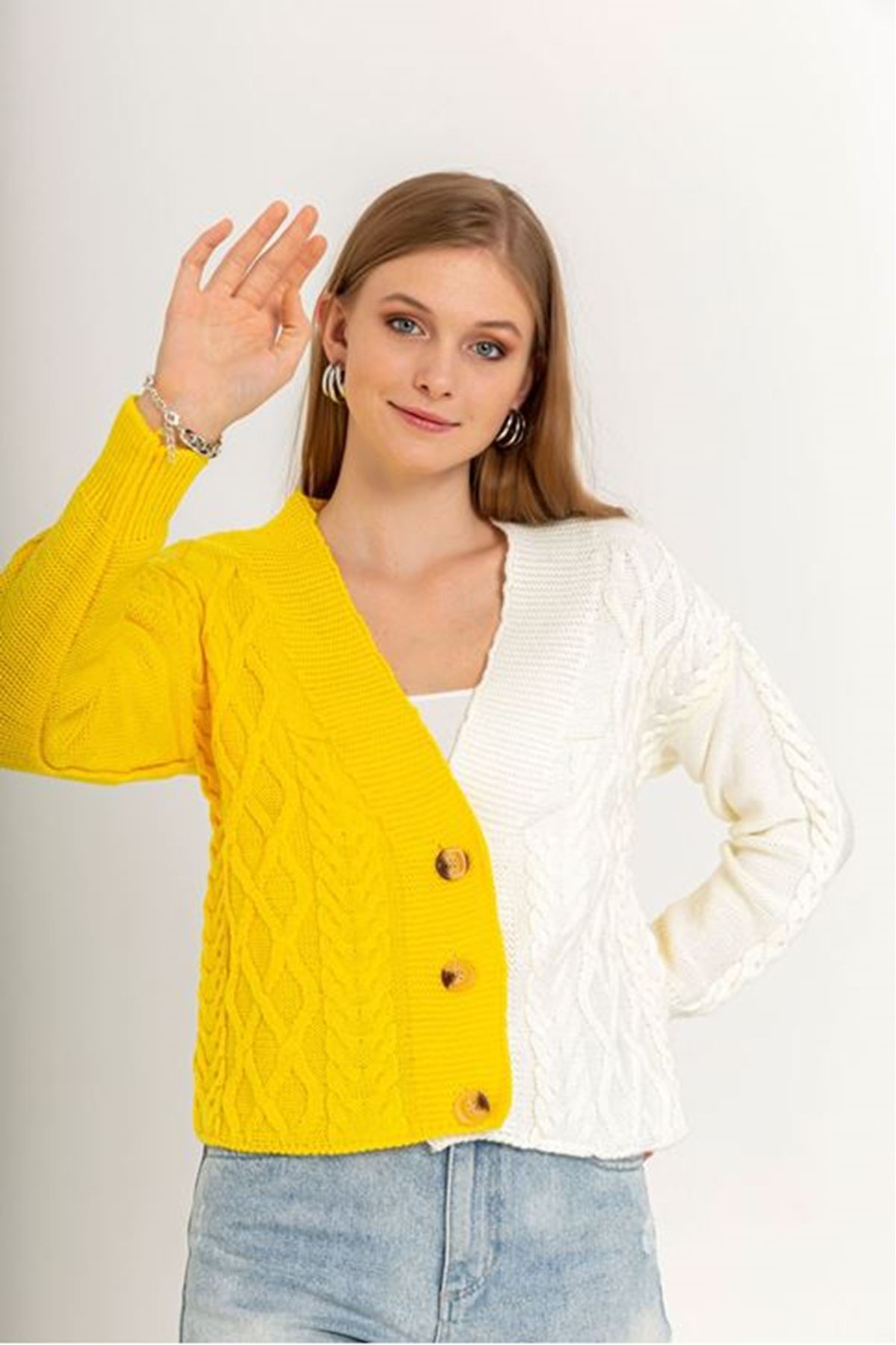 Triko Kumaş Uzun Kol V Yaka Renk Bloklu Kadın Hırka-Sarı