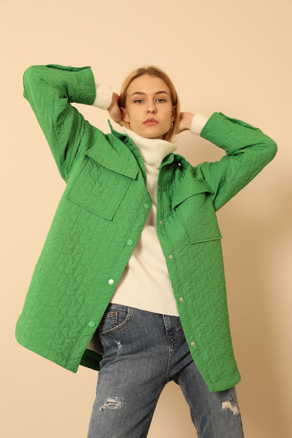Jakar Kumaş Geometrik Desen Oversize Kadın Gömlek-Yeşil