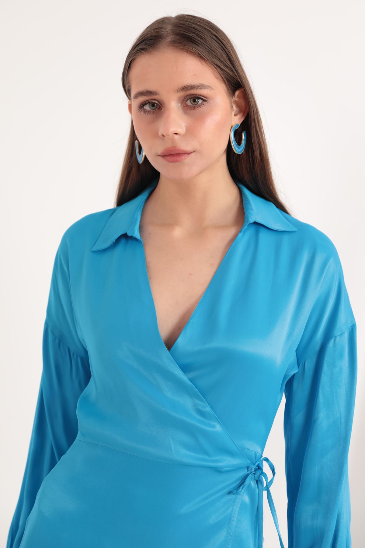 Saten Kumaş Anvelop Bağlama Detay Kadın Elbise-Mavi