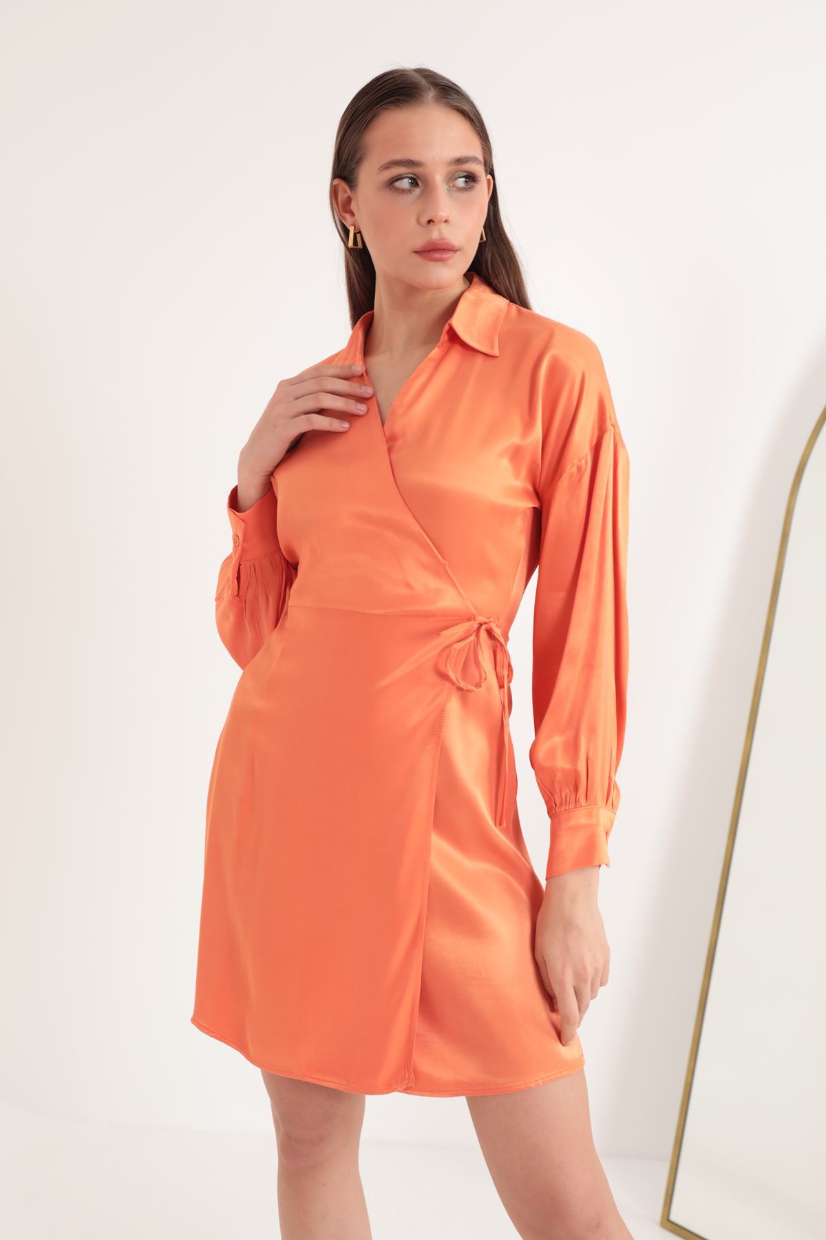 Saten Kumaş Anvelop Bağlama Detay Kadın Elbise-Oranj