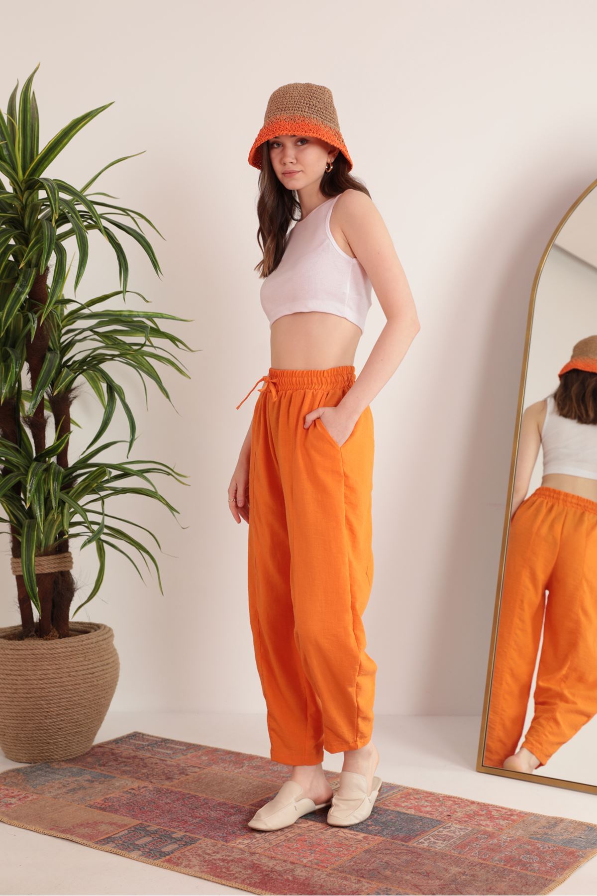 Keten Kumaş Beli Lastikli Şalvar Kadın Pantolon-Oranj