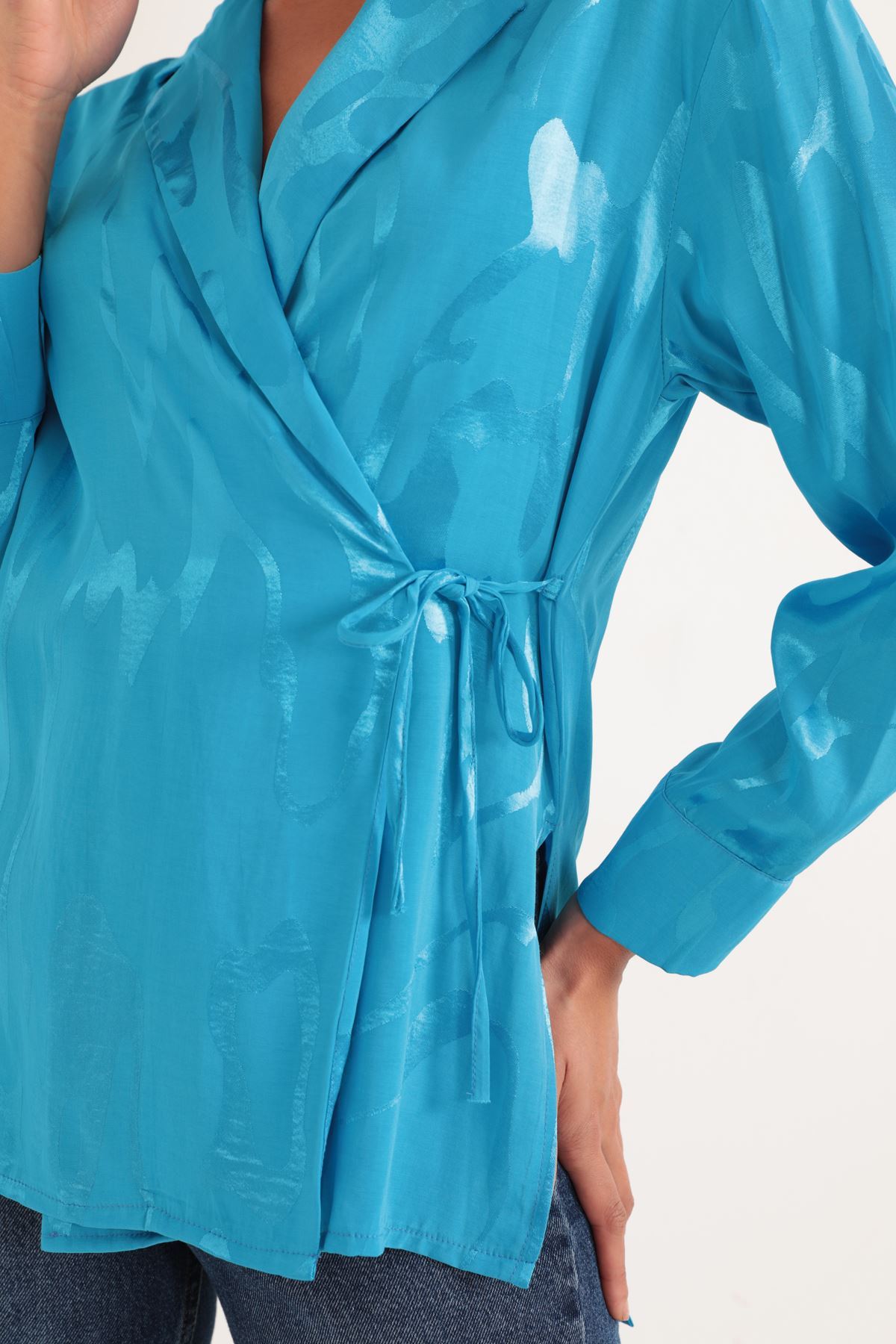 Jakar Kumaş Desenli Kadın Ceket-Mavi