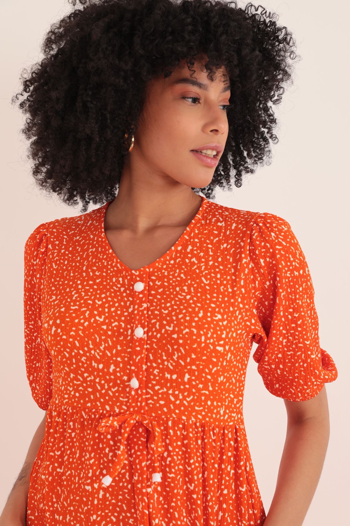 Örme Bürümcük Kumaş Düğme Detay Desenli  Kadın Elbise-Oranj