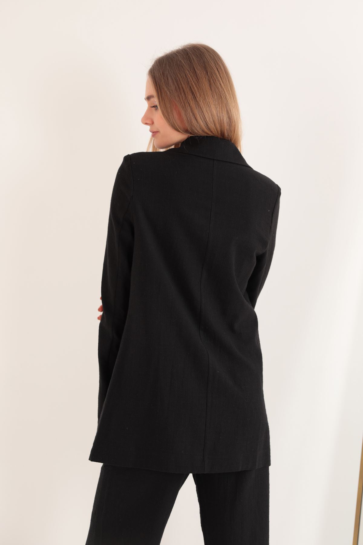 Keten Kumaş Oversize Kadın Ceket-Siyah