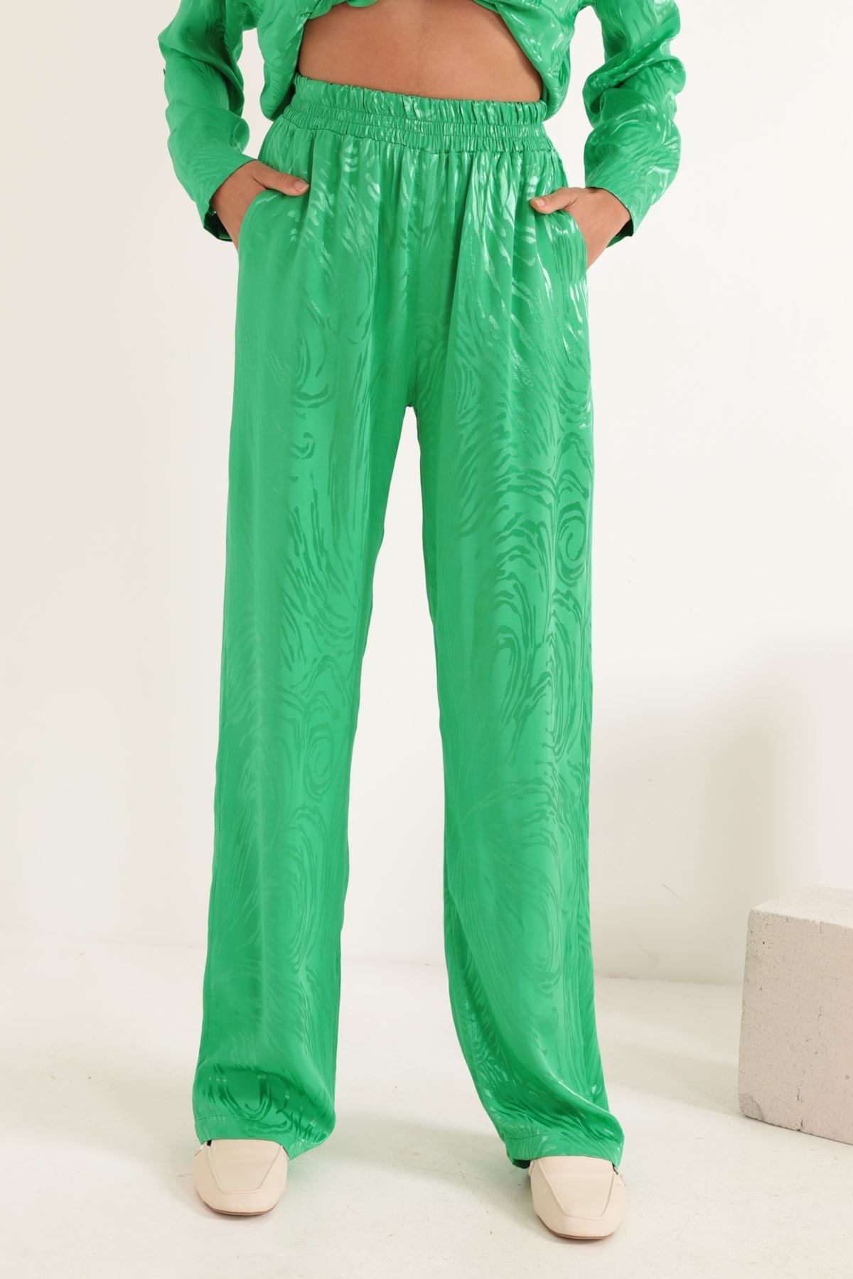 Jakar Kumaş Lastikli Kadın Pantolon-Yeşil
