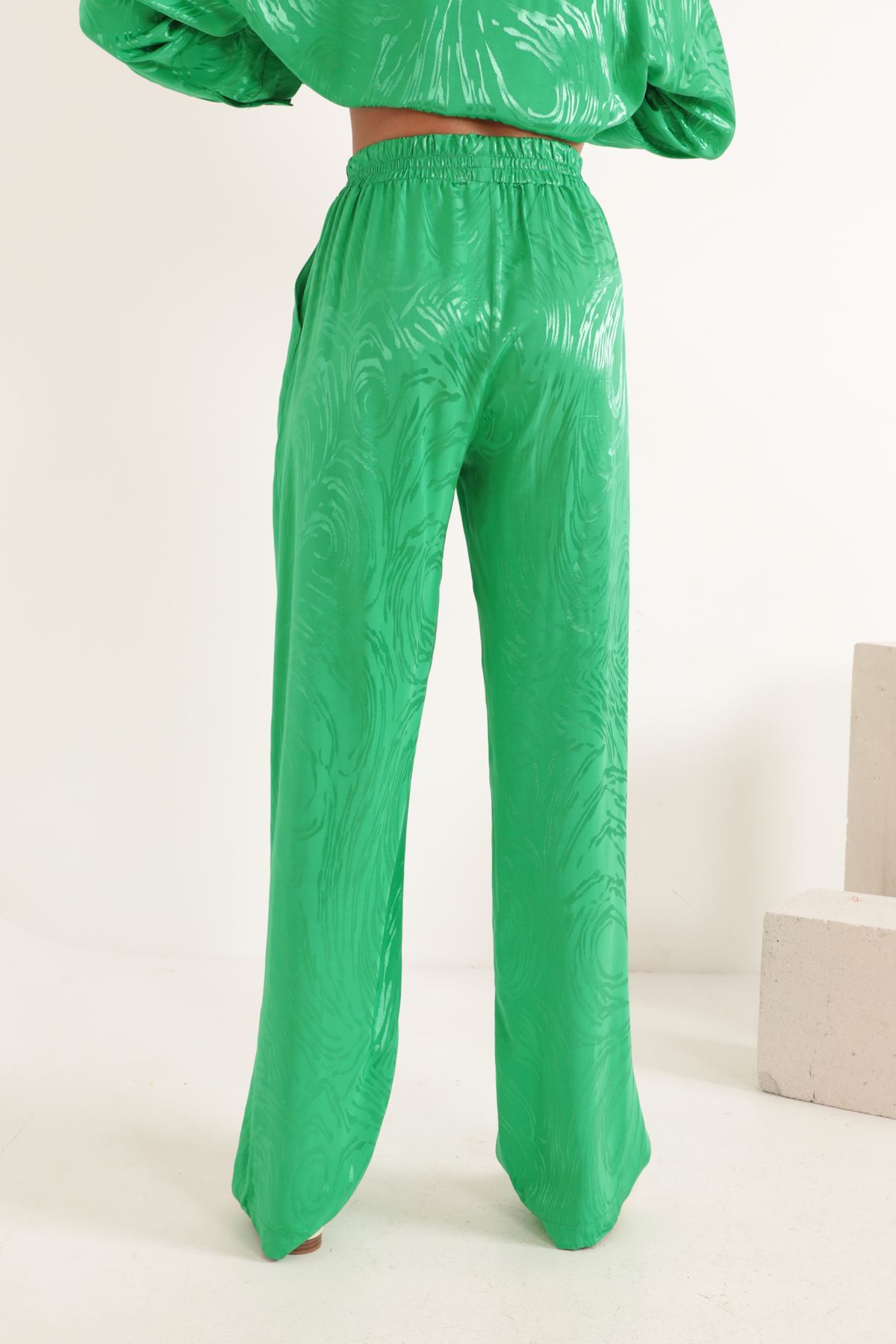 Jakar Kumaş Lastikli Kadın Pantolon-Yeşil
