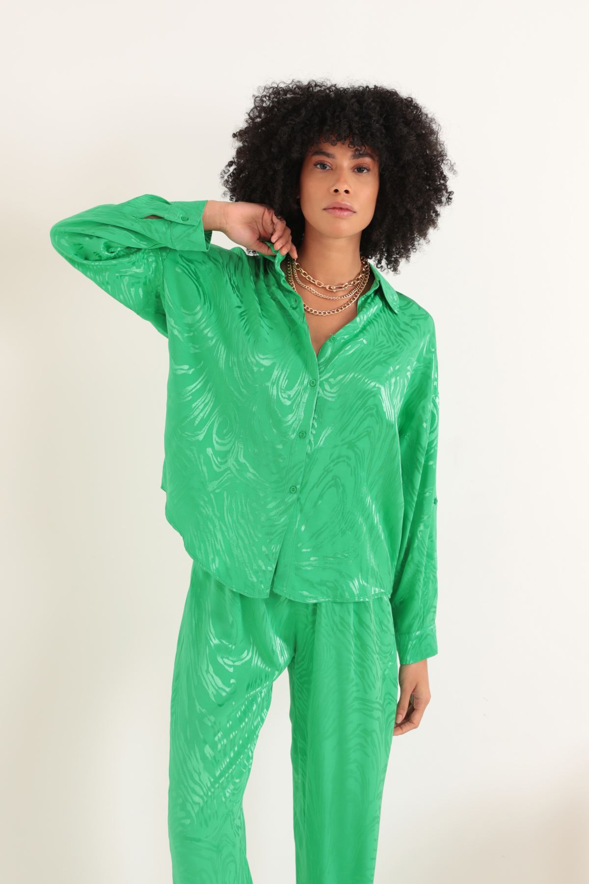 Jakar Kumaş Kadın Gömlek-Yeşil