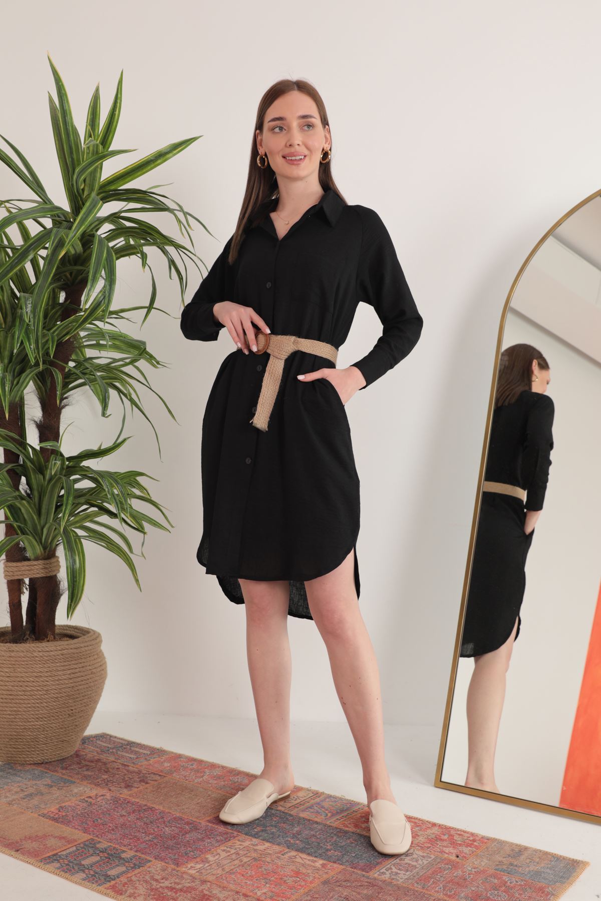 Keten Kumaş Midi Gömlek Kadın Elbise-Siyah