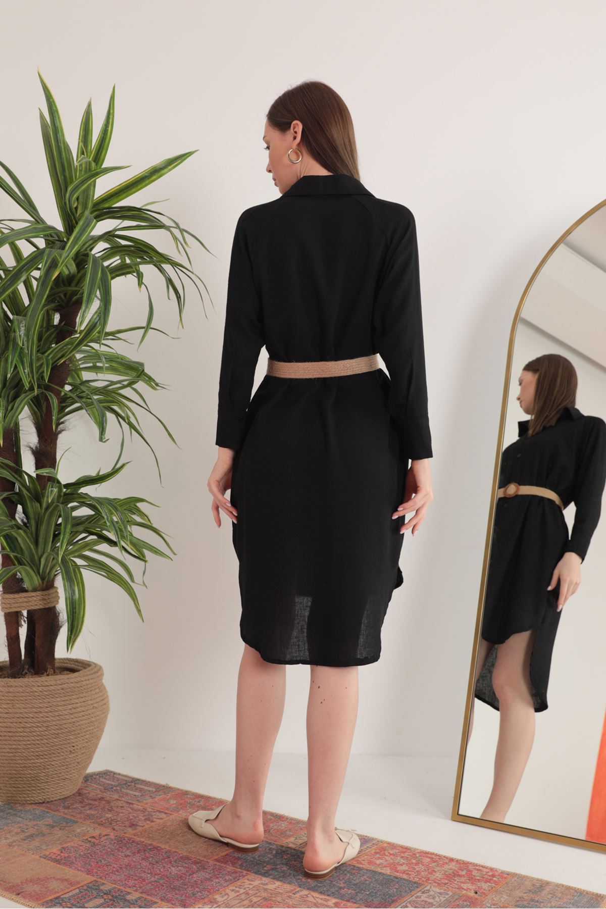 Keten Kumaş Midi Gömlek Kadın Elbise-Siyah