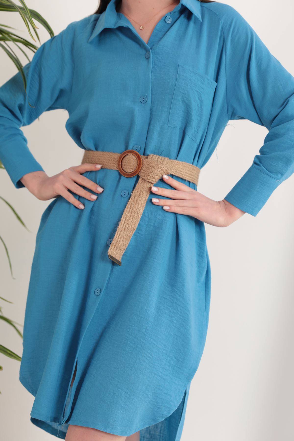 Keten Kumaş Midi Gömlek Kadın Elbise-Mavi