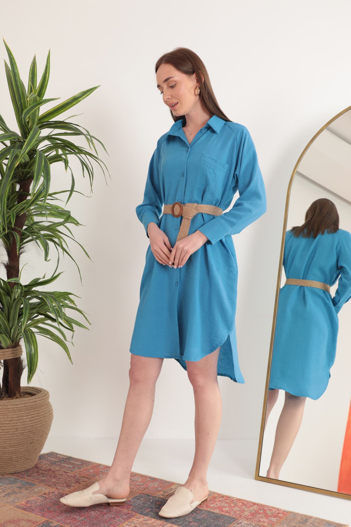 Keten Kumaş Midi Gömlek Kadın Elbise-Mavi