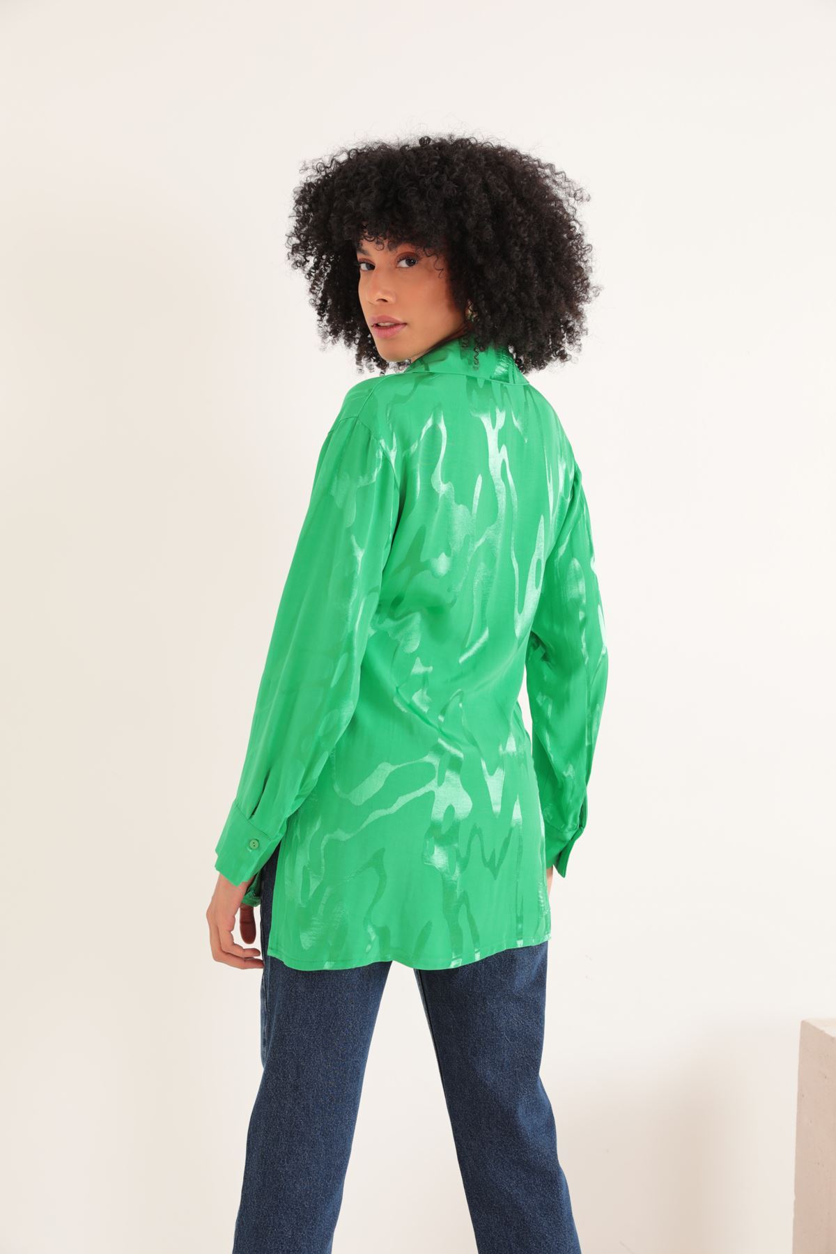 Jakar Kumaş Desenli Kadın Ceket-Yeşil