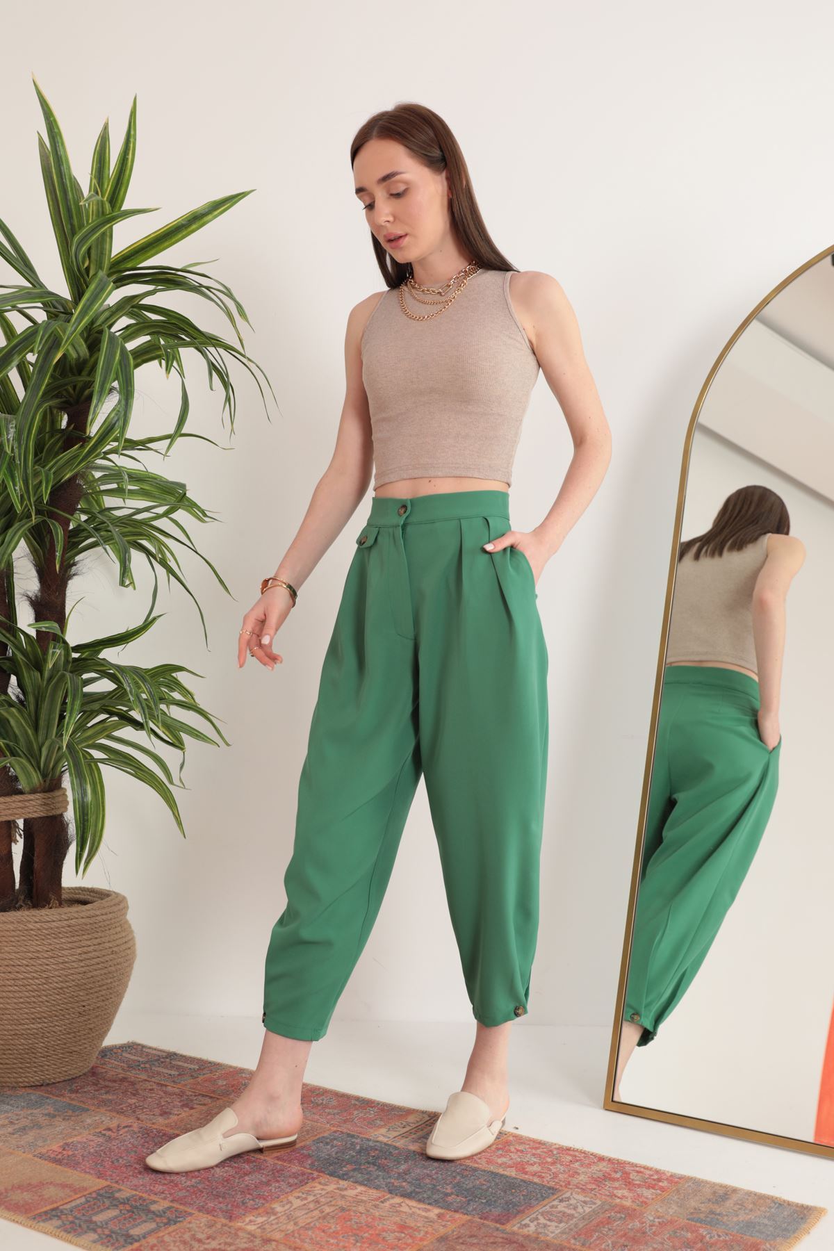 Atlas Kumaş Pileli Şalvar Kadın Pantolon-Yeşil