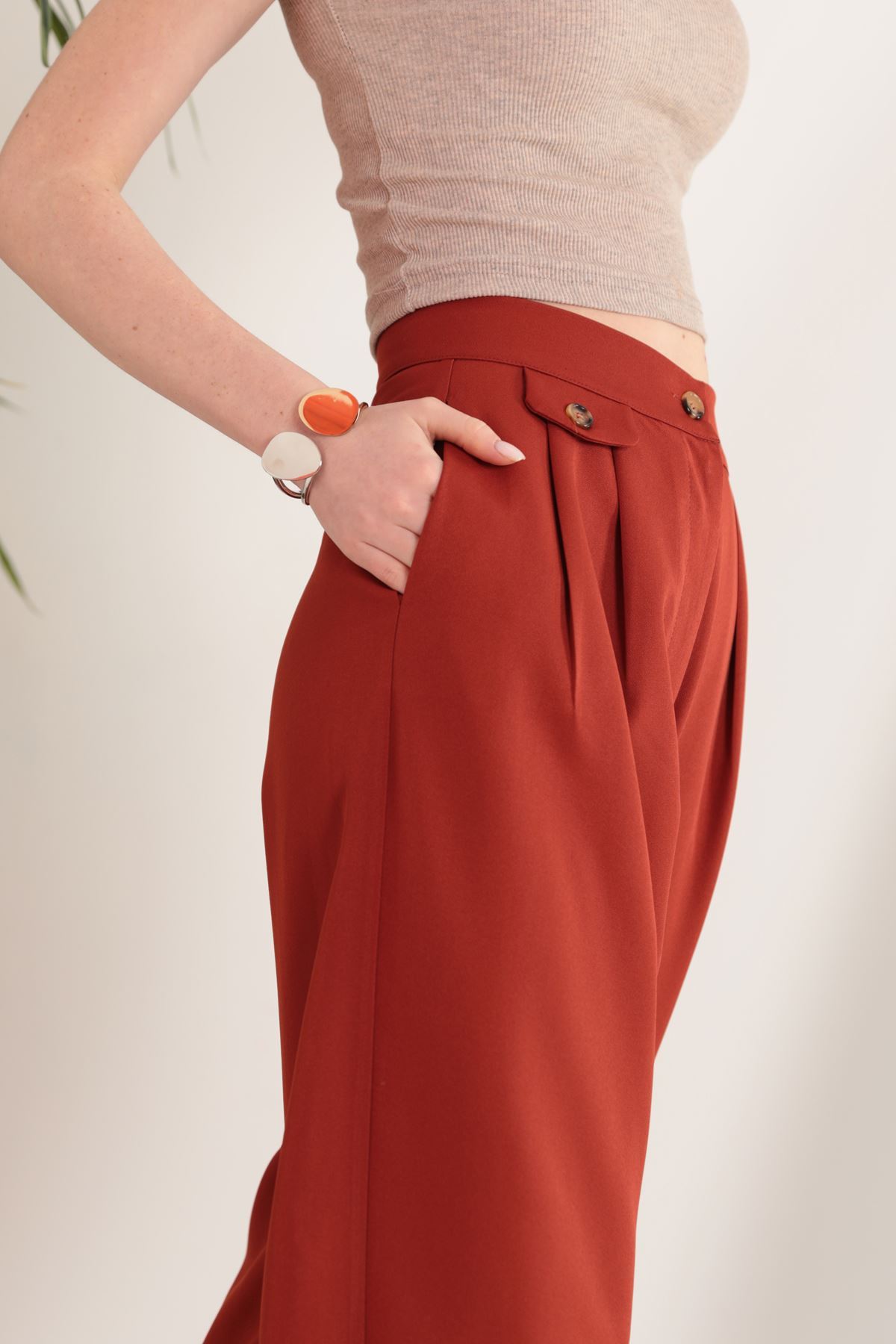 Atlas Kumaş Pileli Şalvar Kadın Pantolon-Kiremit