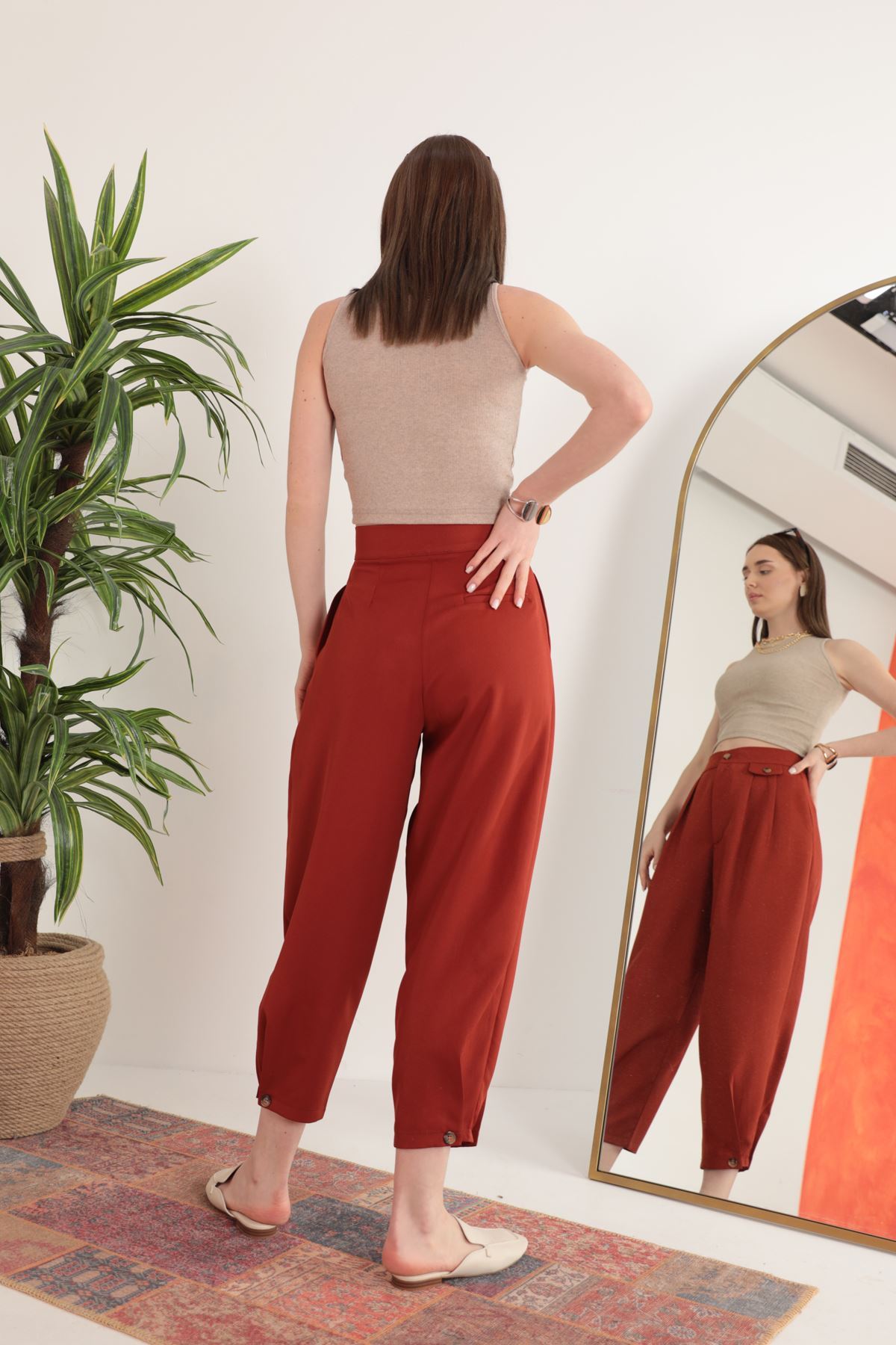 Atlas Kumaş Pileli Şalvar Kadın Pantolon-Kiremit