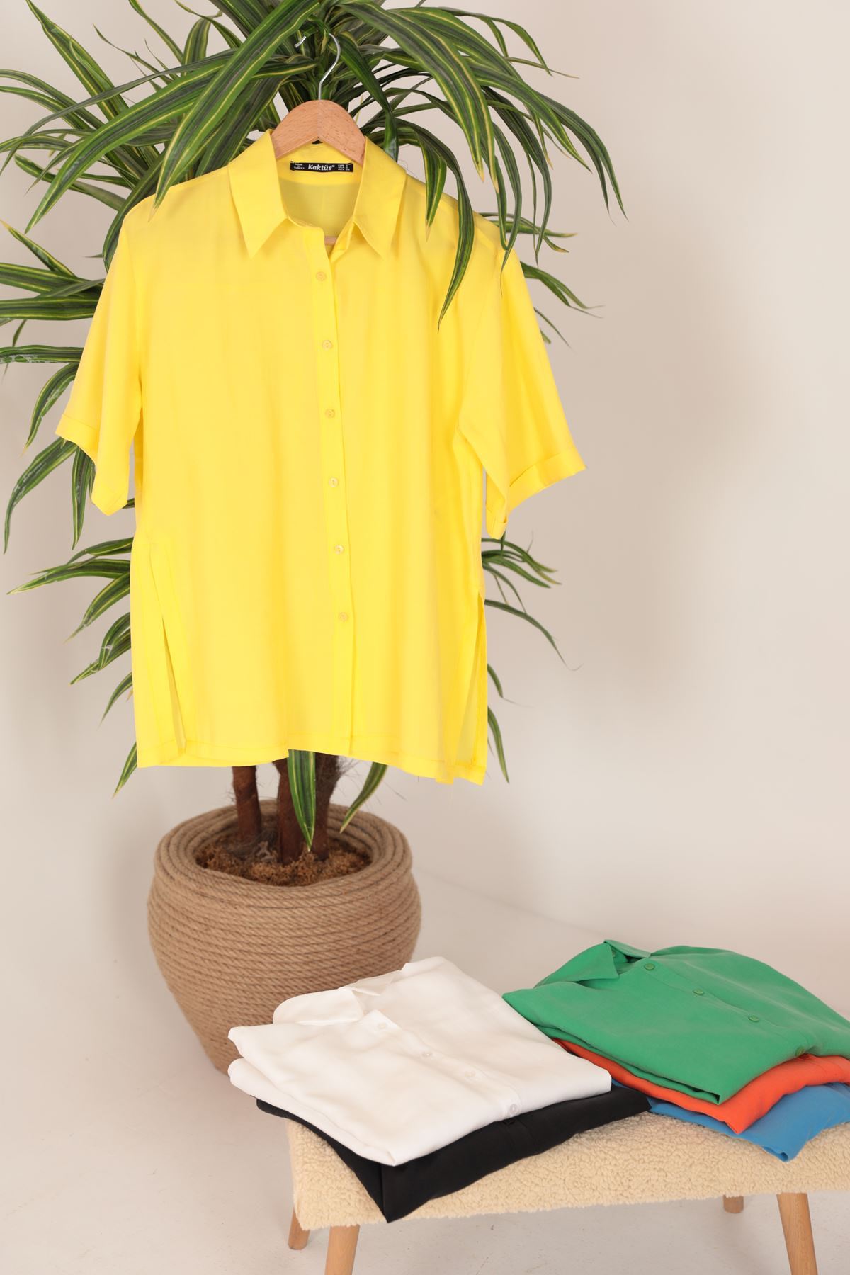 Modal Kumaş Kısa Kol Kadın Gömlek-Sarı