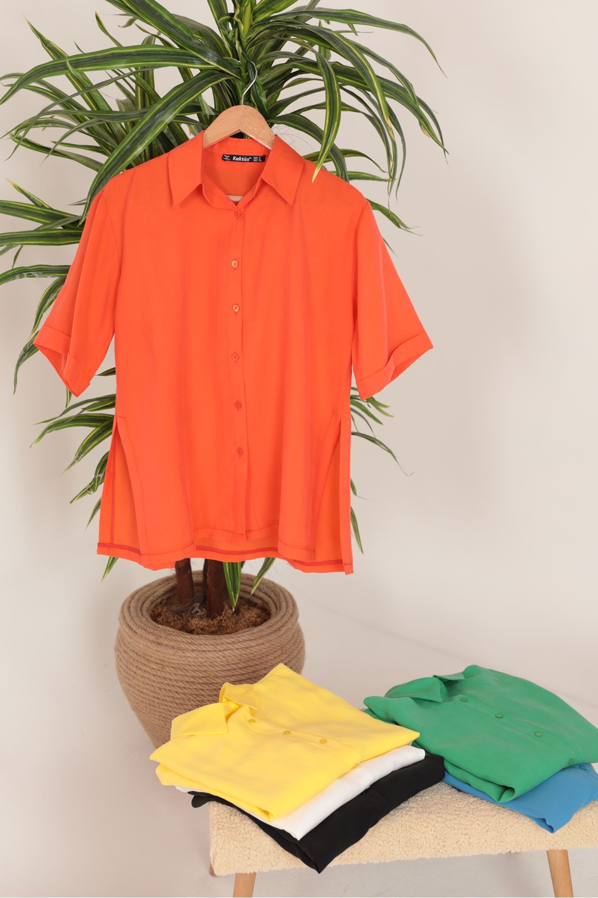 Modal Kumaş Kısa Kol Kadın Gömlek-Oranj