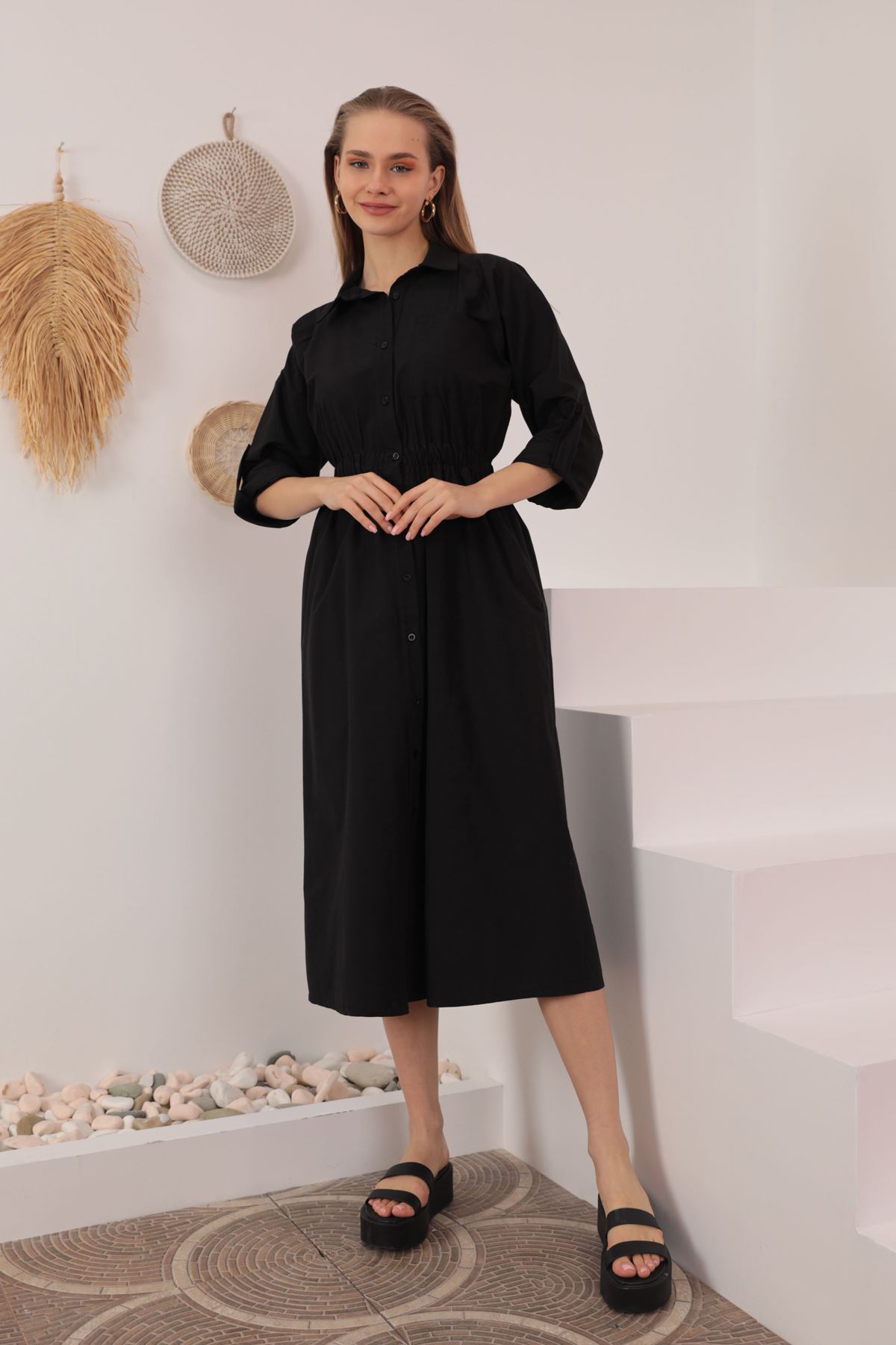 Soft Kalitesi Kumaş Beli Lastikli Kadın Elbise-Siyah