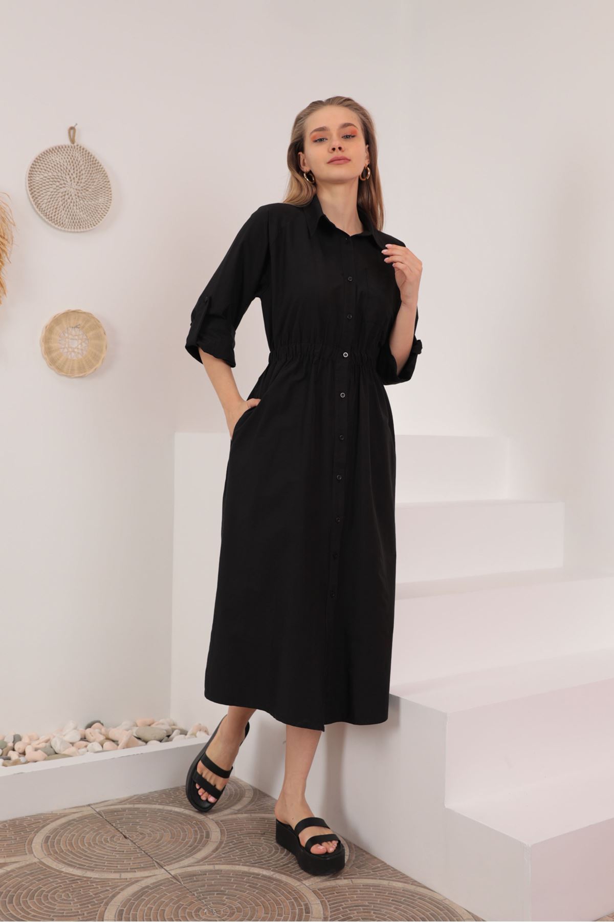 Soft Kalitesi Kumaş Beli Lastikli Kadın Elbise-Siyah
