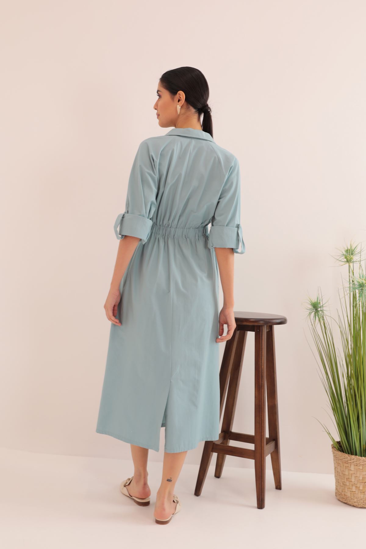 Soft Kalitesi Kumaş Beli Lastikli Kadın Elbise-Mint