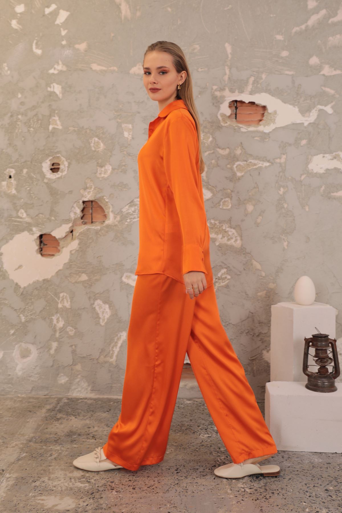 Kobe Saten Kumaş Beli Lastikli Kadın Pantolon-Oranj