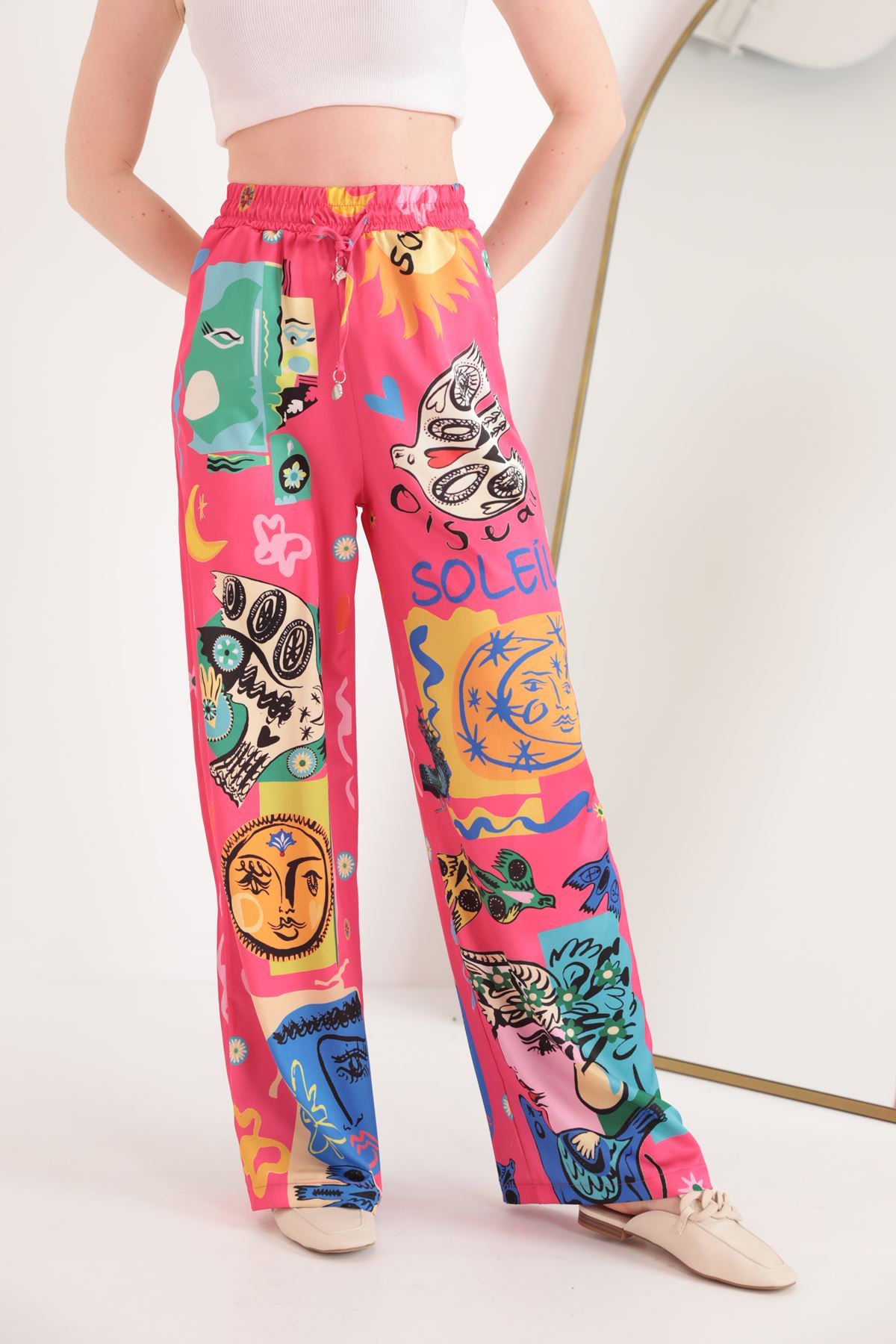Saten Kumaş Soleil Desen Beli Lastikli Kadın Pantolon-Fuşya