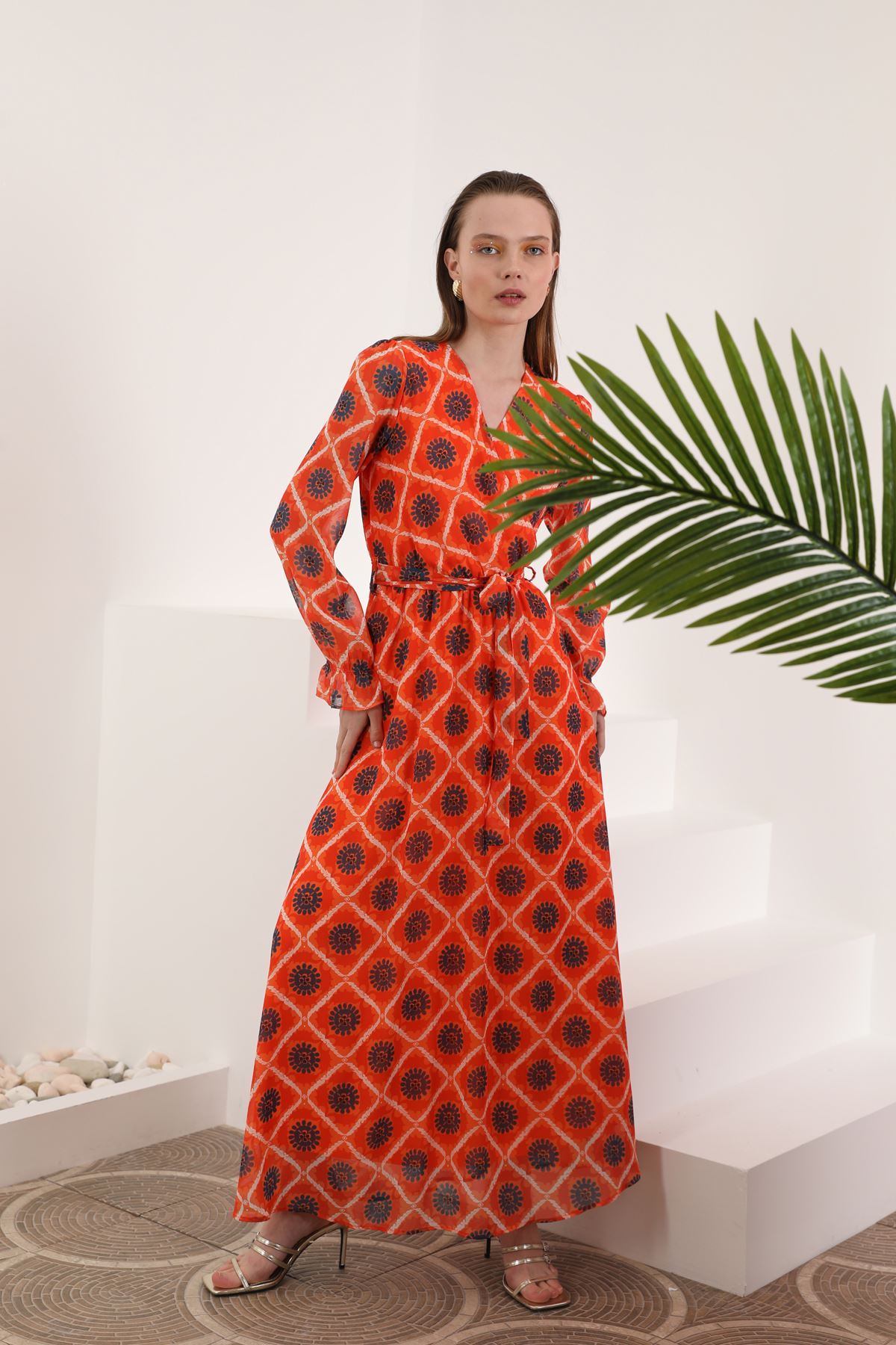 Şifon Kumaş Çiçekli Armür Desen Kadın Elbise-Oranj