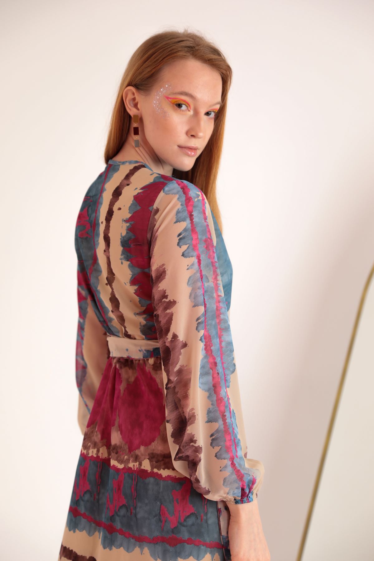 Şifon Kumaş Batik Desen Anvelop Kadın Elbise-Fuşya
