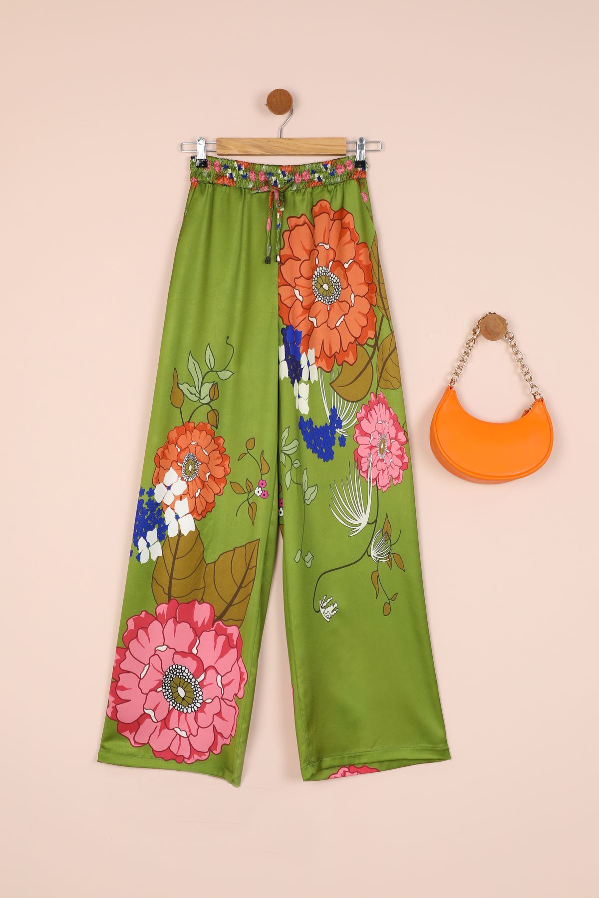 Saten Kumaş Çiçek Desen Lastik Detay Kadın Pantolon-YAĞ YEŞİLİ