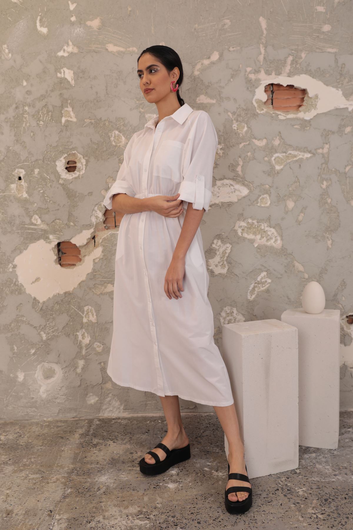 Soft Kalitesi Kumaş Beli Lastikli Kadın Elbise-Beyaz