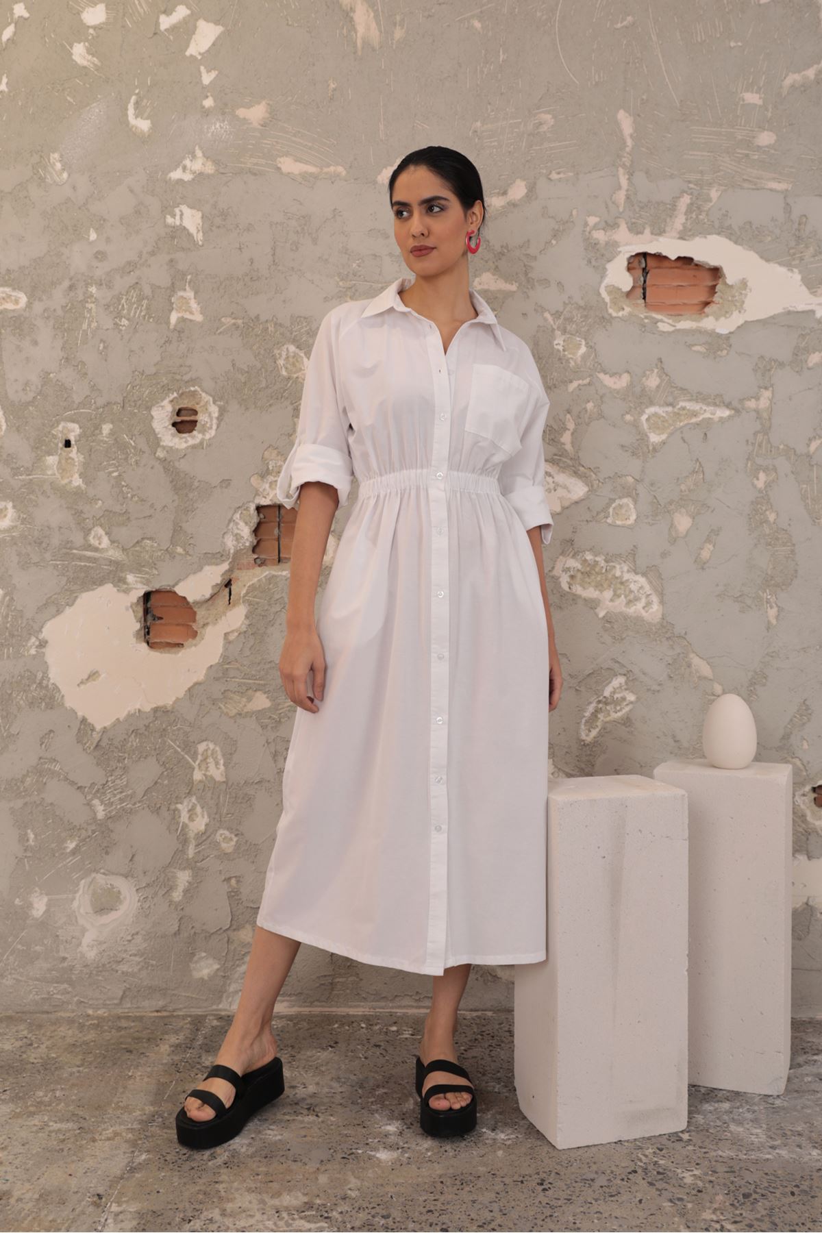 Soft Kalitesi Kumaş Beli Lastikli Kadın Elbise-Beyaz
