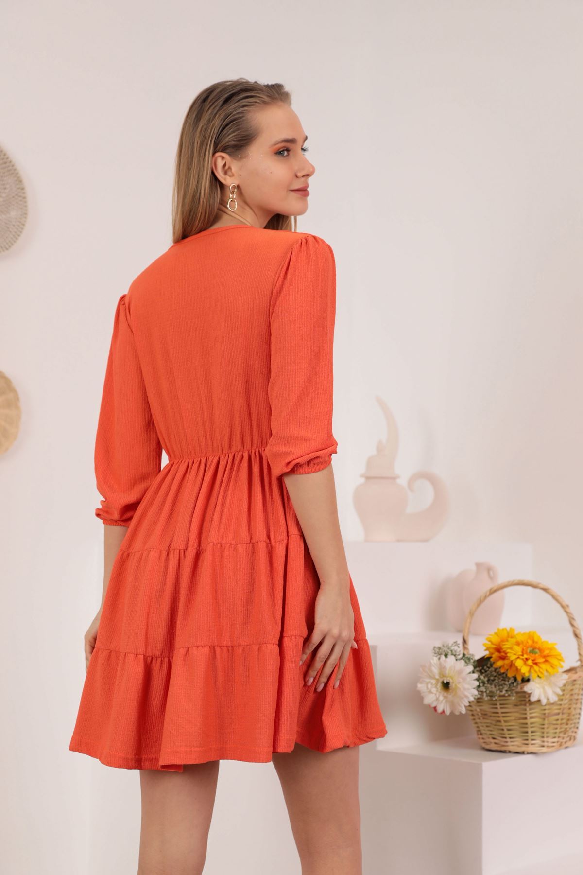 Örme Bürümcük Kumaş Anvelop Kısa Kadın Elbise-Oranj