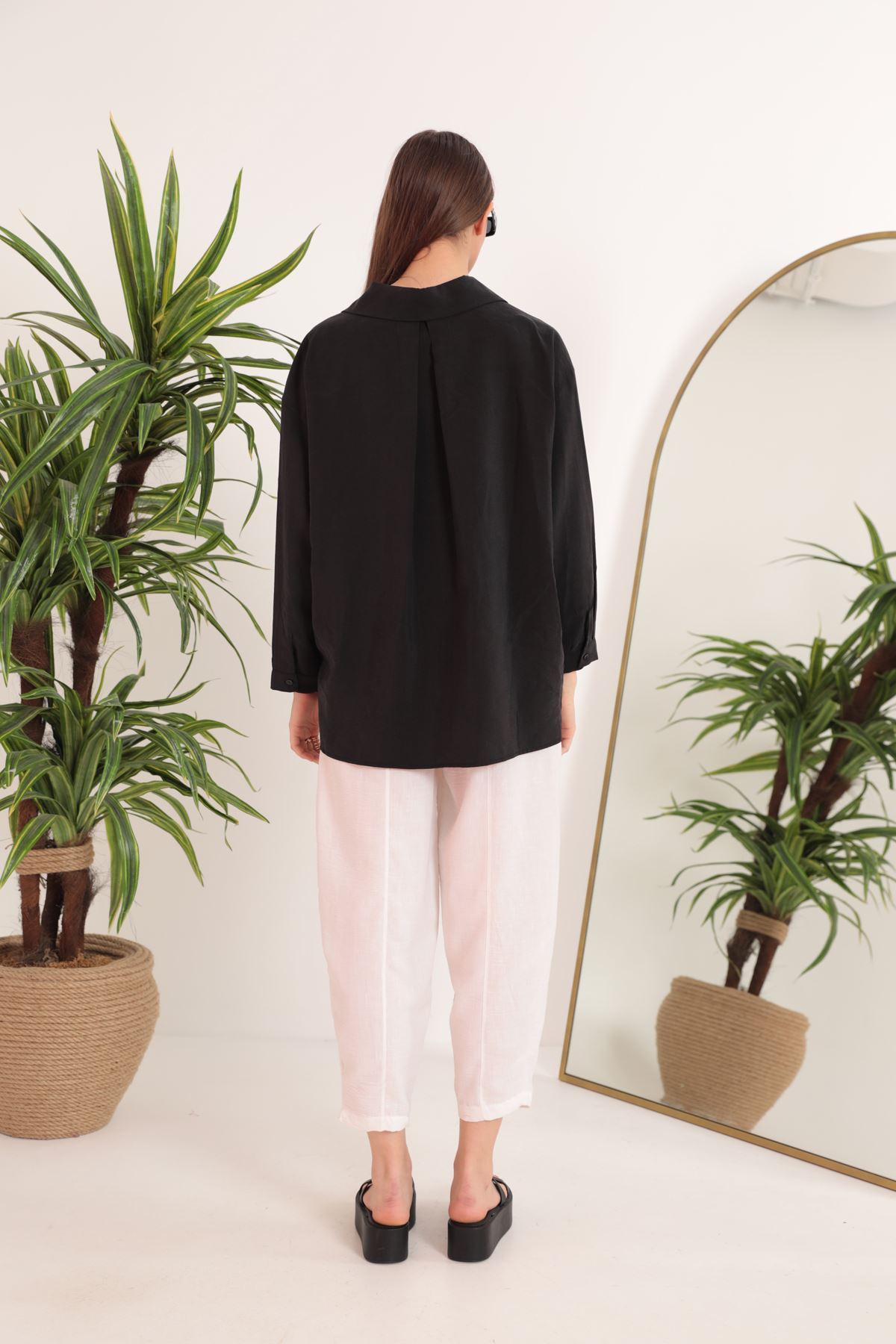 Modal Kumaş Oversize Kadın Gömlek-Siyah