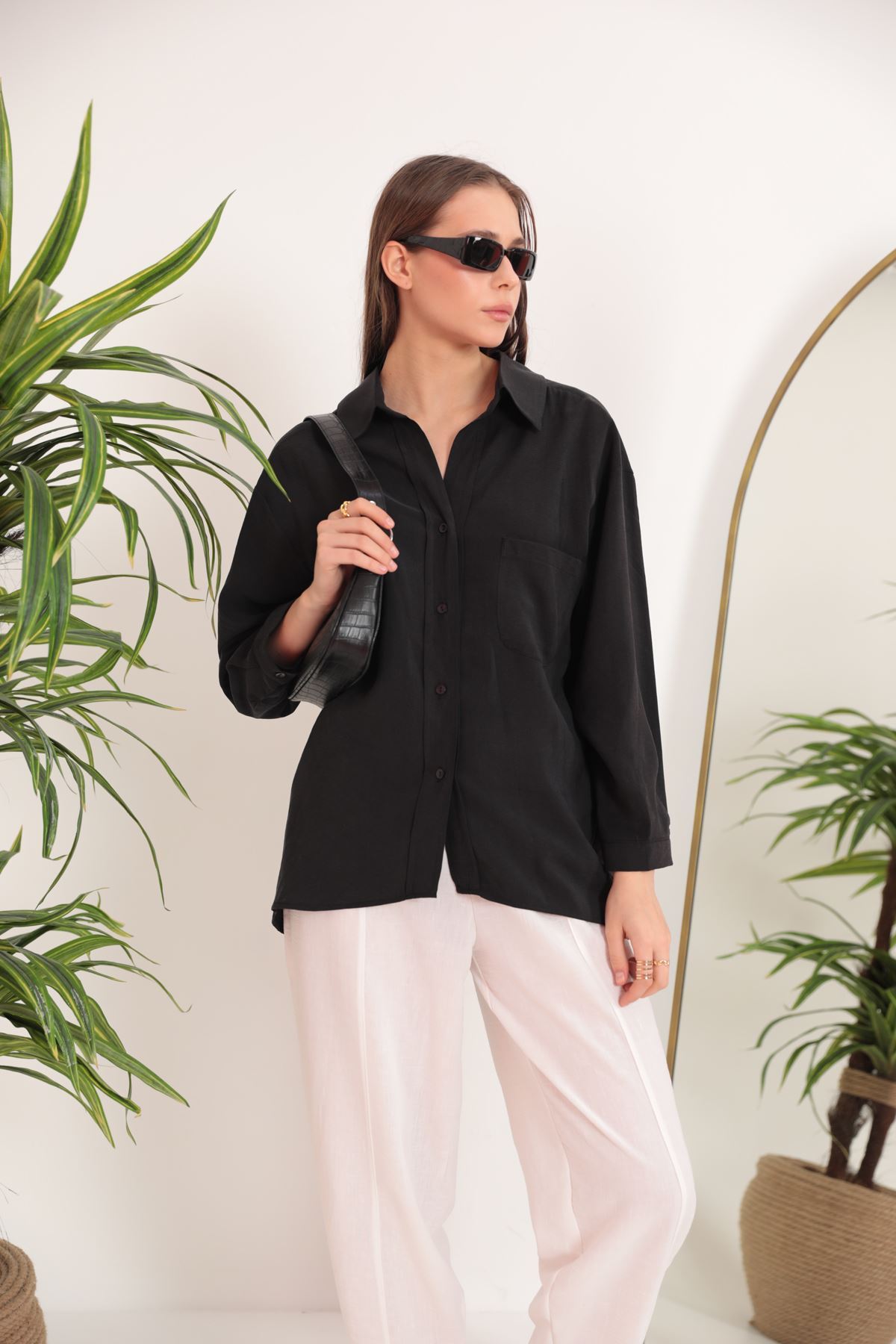 Modal Kumaş Oversize Kadın Gömlek-Siyah