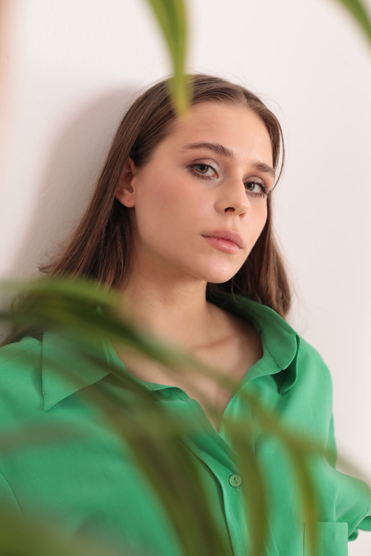 Modal Kumaş Oversize Kadın Gömlek-Yeşil