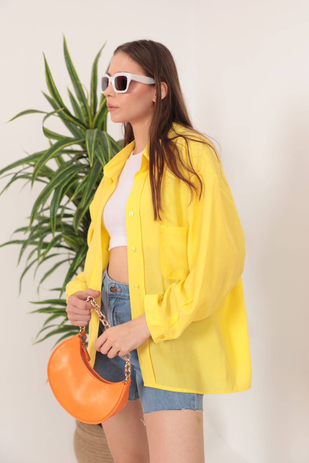 Modal Kumaş Oversize Kadın Gömlek-Sarı