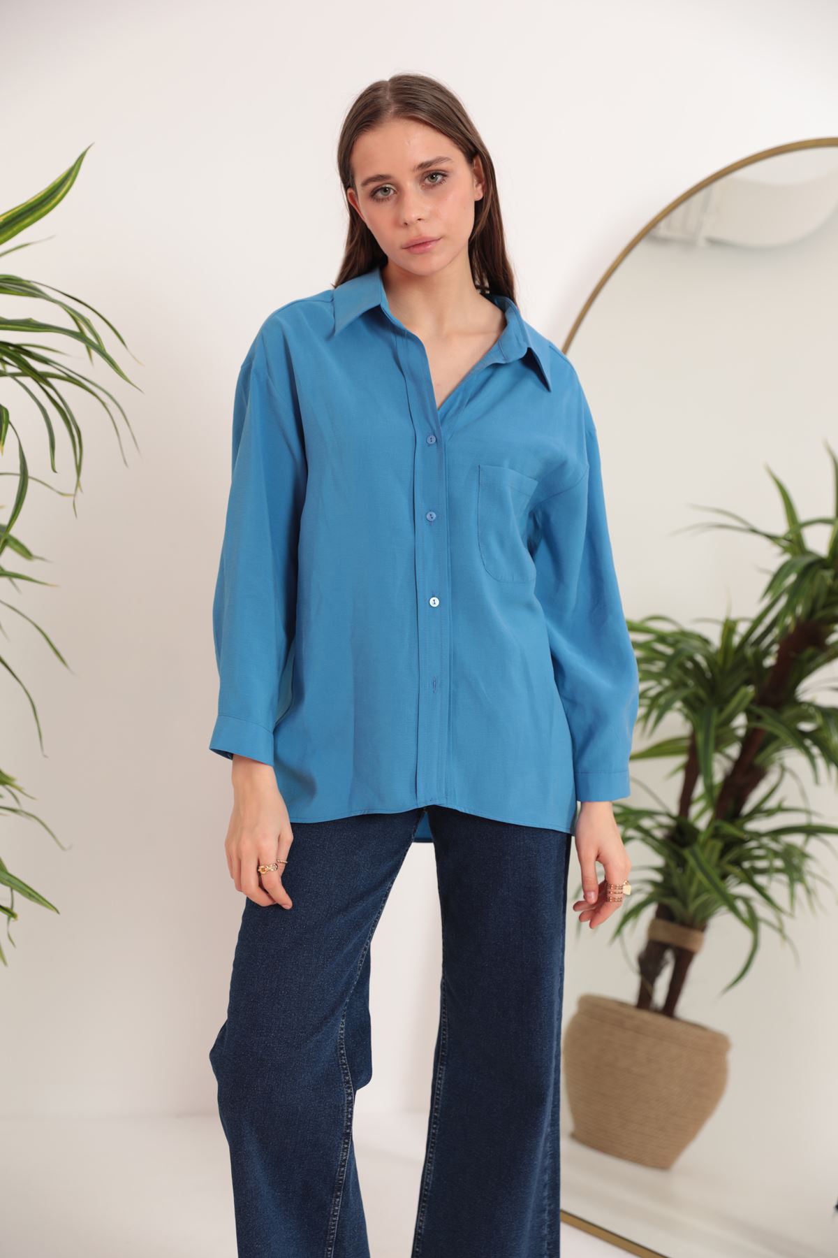 Modal Kumaş Oversize Kadın Gömlek-Mavi