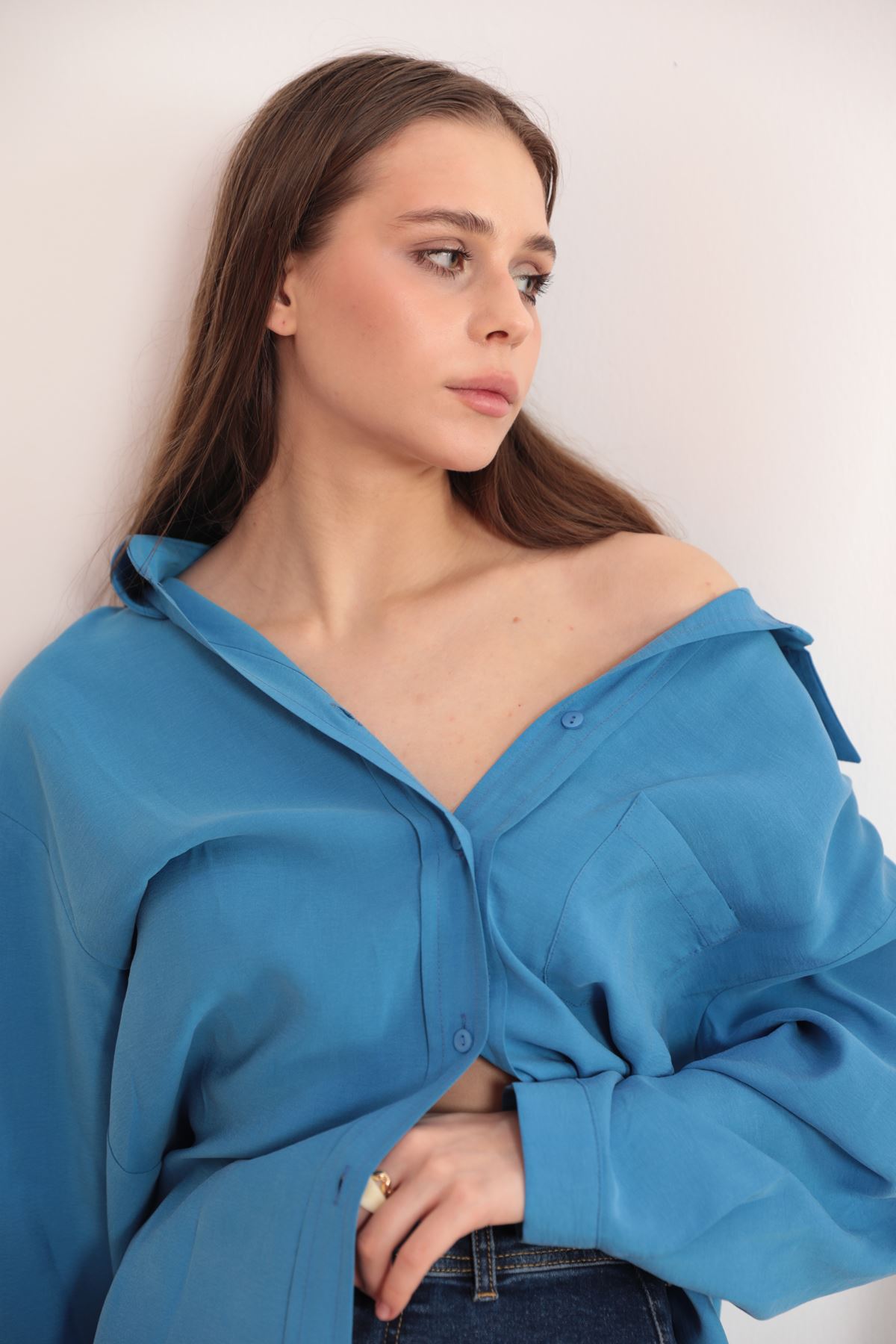 Modal Kumaş Oversize Kadın Gömlek-Mavi