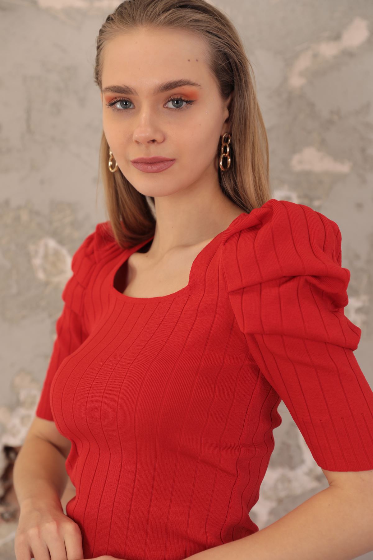 Triko Kumaş Karpuz Kol Kadın Elbise-Kırmızı