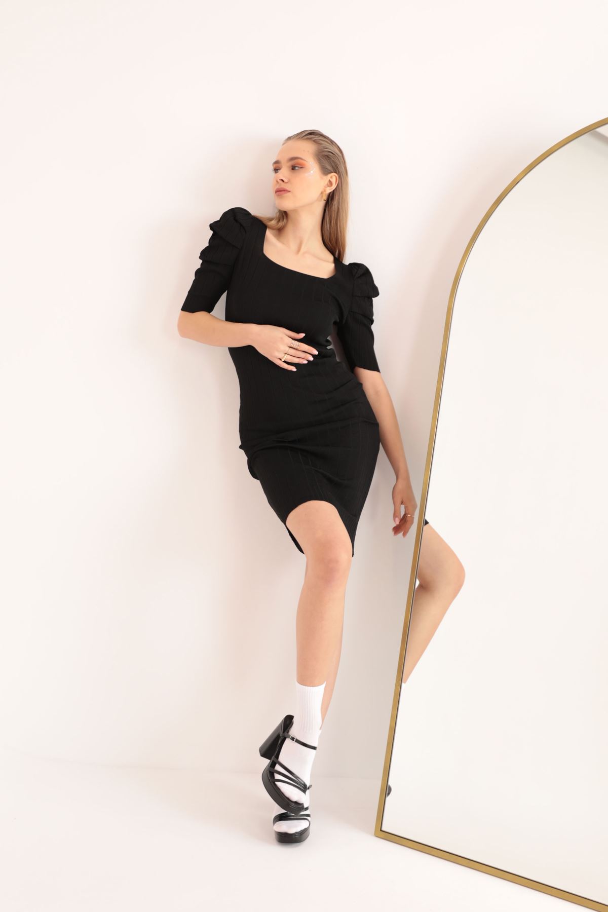Triko Kumaş Karpuz Kol Kadın Elbise-Siyah