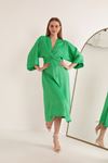 Saten Kumaş Önü Burgulu Kadın Elbise-Yeşil
