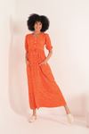 Örme Bürümcük Kumaş Düğme Detay Desenli  Kadın Elbise-Oranj