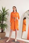 Keten Kumaş Midi Gömlek Kadın Elbise-Oranj