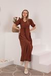 Örme Bürümcük Kumaş Önü Düğme Detay Uzun Kadın Elbise-Kahve