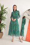 Şifon Kumaş Etnik Detay Yakası Gipeli Kadın Elbise-Yeşil