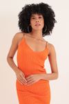 Triko Kumaş  Broşlu Midi Kadın Elbise-Oranj