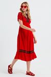 Dantel Kol Nakış Bant Detaylı Kısa Kol Kadın Elbise-Kırmızı