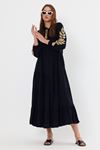 Yakası İpli Nakış Detaylı Uzun Kol Kadın Elbise-Siyah