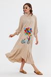 Balon Desenli Nakış Detaylı Uzun Kol Kadın Gömlek Elbise-Bej