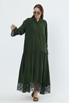 Dantelli Tül Detaylı Uzun Kol Kadın Elbise-Haki